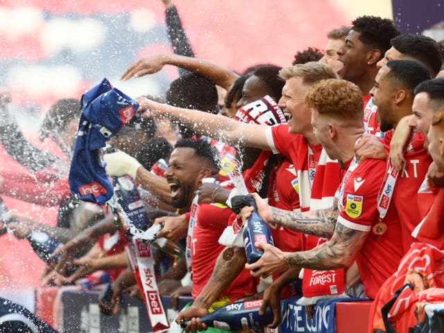 <p>Nottingham Forest celebrate their victory in the play-off final</p>