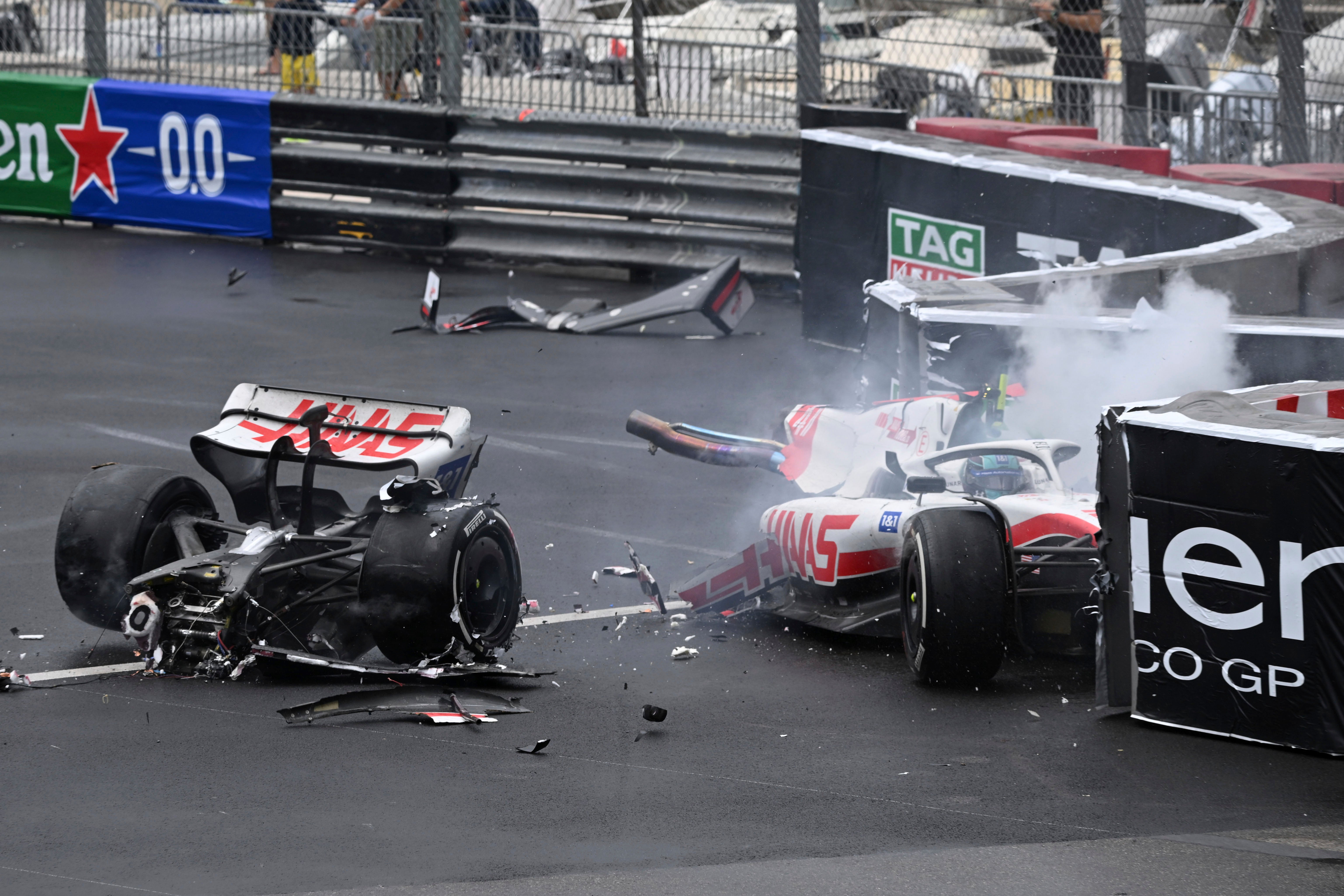 Mick Schumacher’s Haas breaks in half after a crash in the Monaco Grand Prix (Christian Bruna/AP)