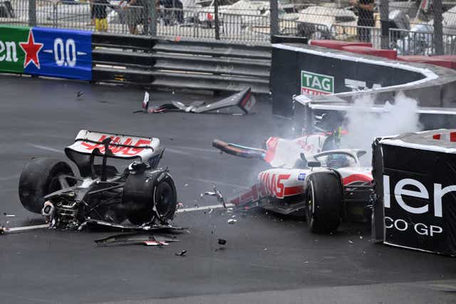 <p>Mick Schumacher’s Haas breaks in half after a crash in the Monaco Grand Prix (Christian Bruna/AP)</p>