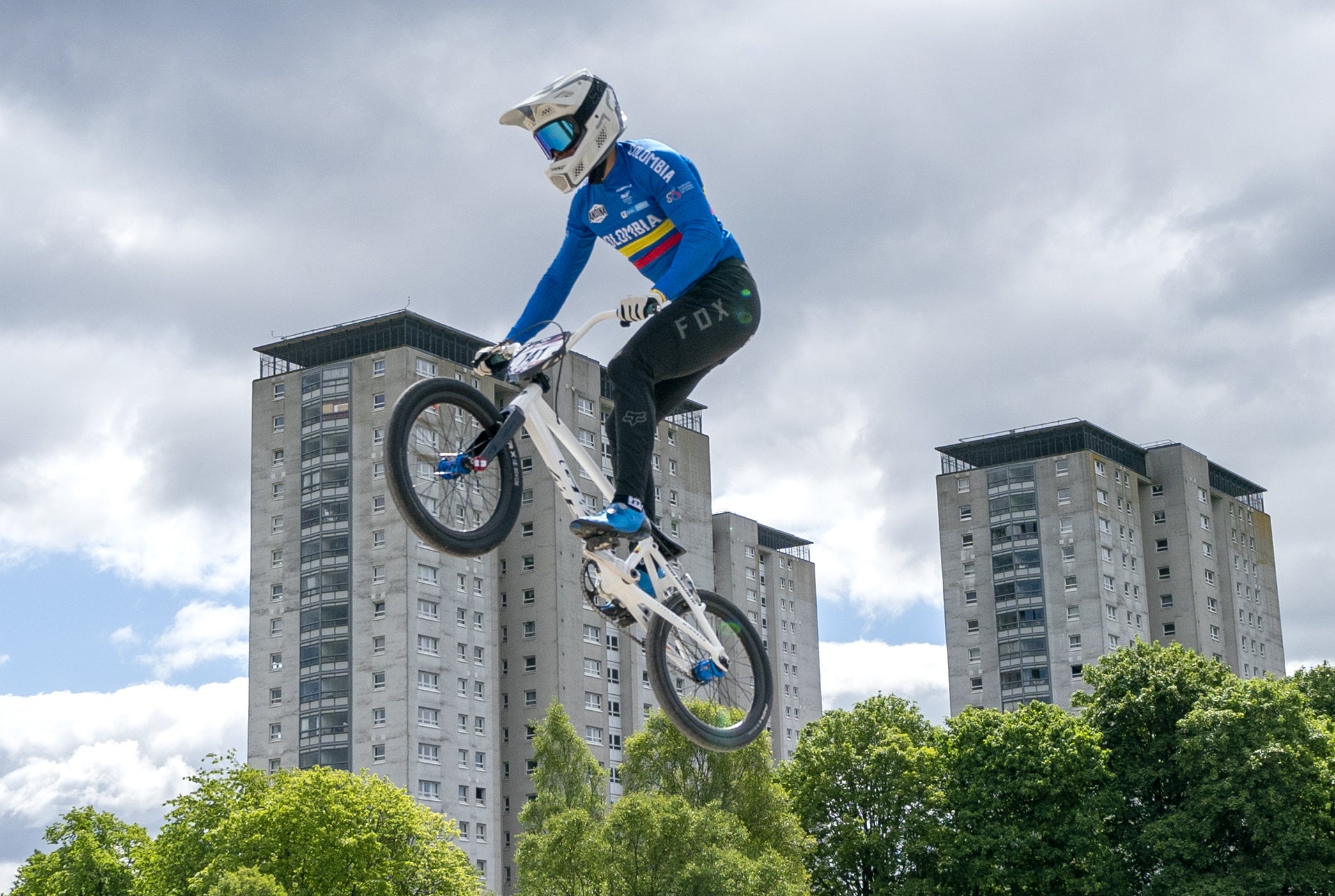 Colombia’s Diego Alejandro Arboleda Ospina in the Men’s Elite race final on day one at the UCI BMX Racing World Cup event in Glasgow (Jane Barlow/PA)