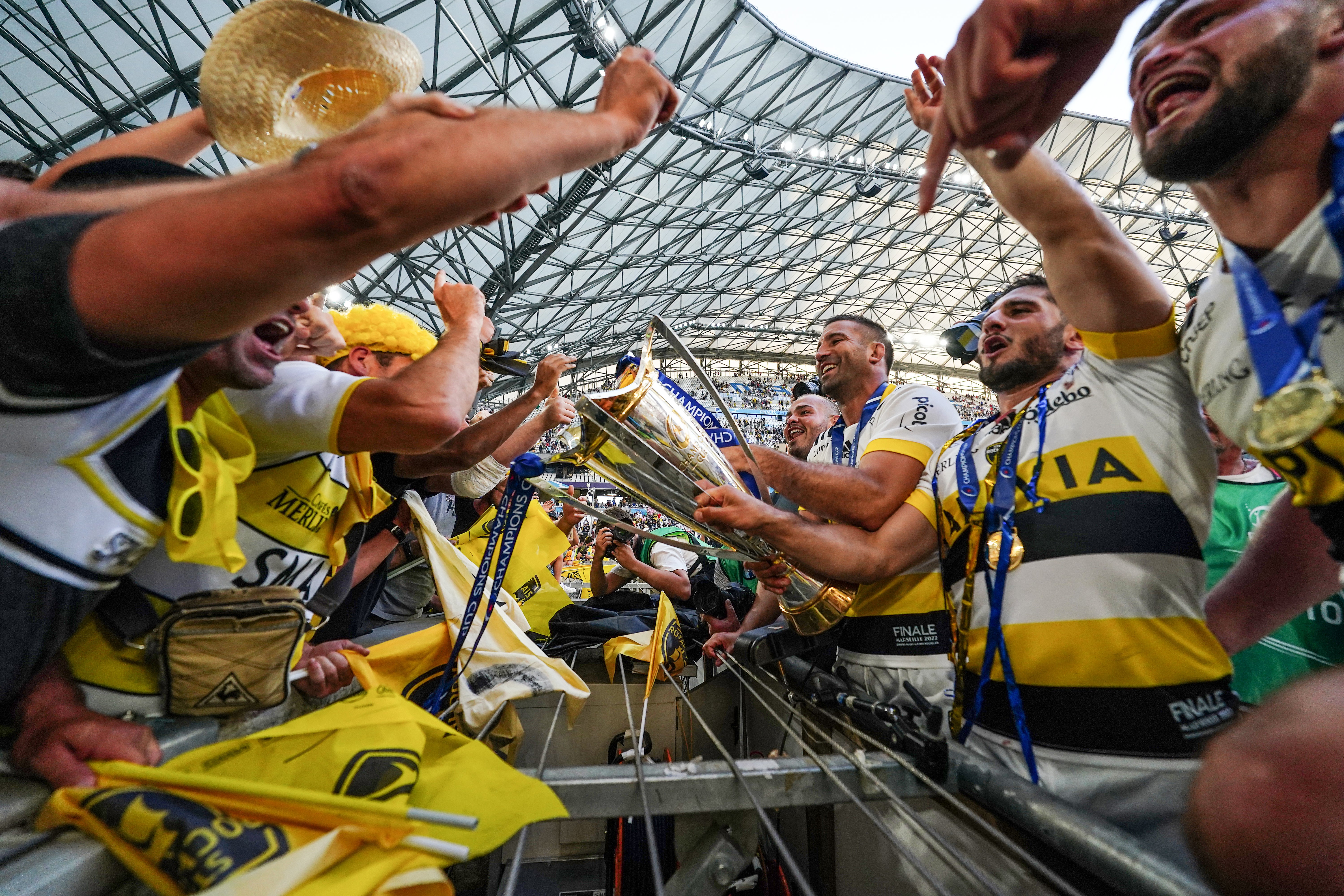La Rochelle players celebrate with their fans after victory over Leinster in the Heineken Champions Cup final at the Stade Velodrome in Marseille (David Davies/PA)