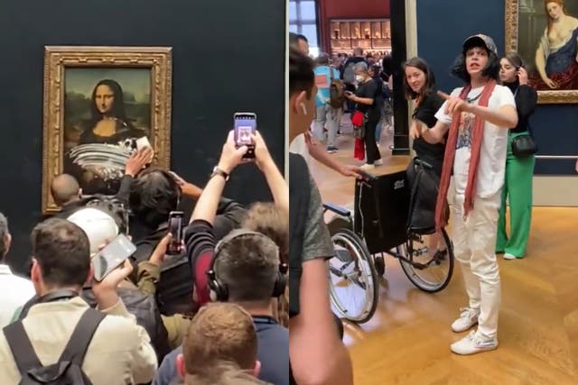 The activist punched the Mona Lisa’s protective glass before smearing it with the cake (@lukeXC2002/Twitter)