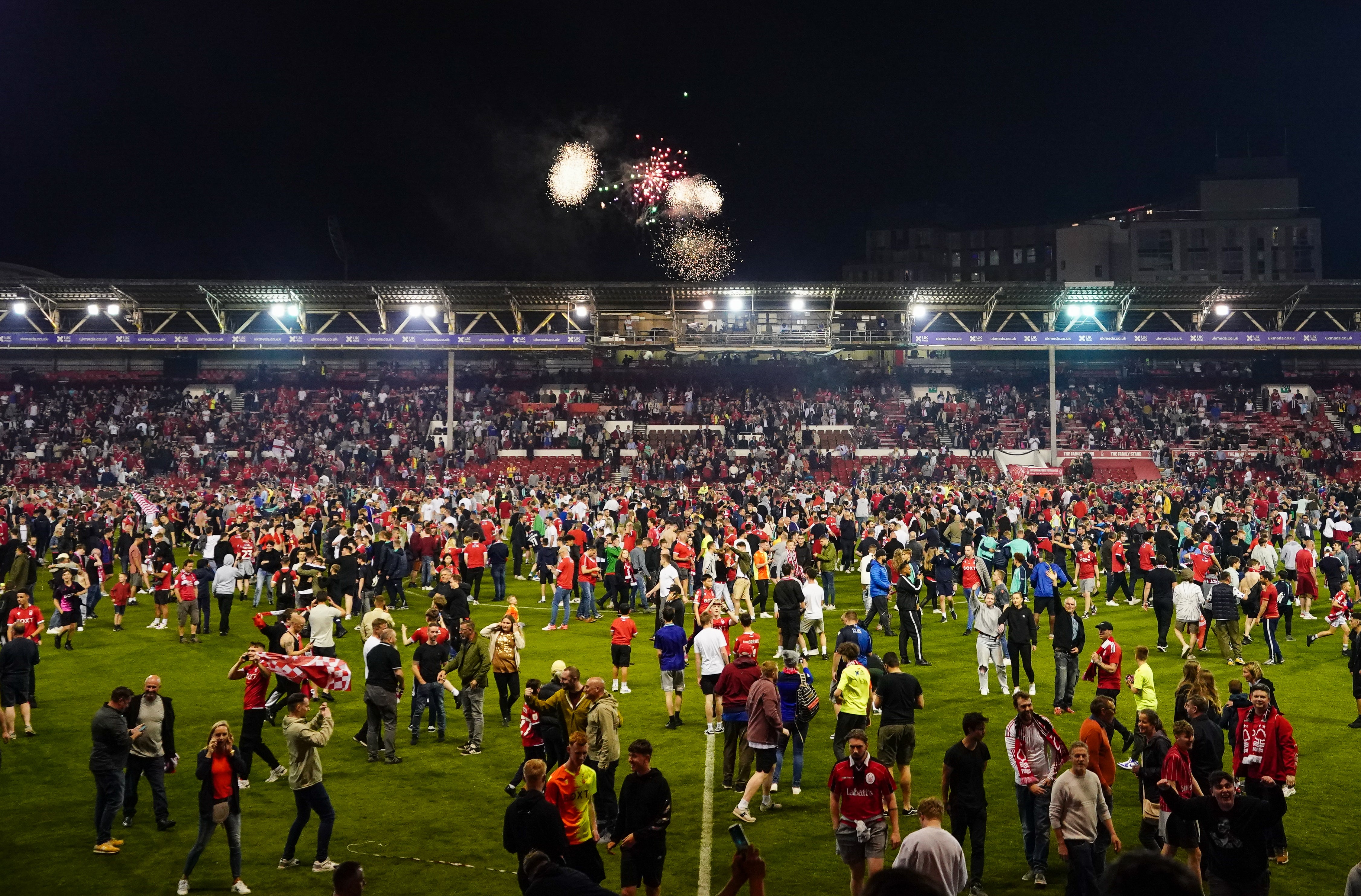 Nottingham Forest fans invaded the pitch after their side’s play-off semi-final victory over Sheffield United (Zac Goodwin/PA)