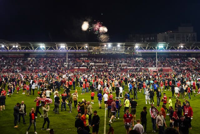 Nottingham Forest fans invaded the pitch after their side’s play-off semi-final victory over Sheffield United (Zac Goodwin/PA)
