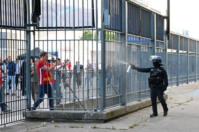 <p>French police sprayed teargas at Liverpool fans outside the Stade de France on Saturday </p>
