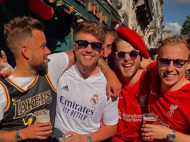 <p>Roman Kemp (white shirt, second from left) with friends in Paris for the Champions League Final</p>