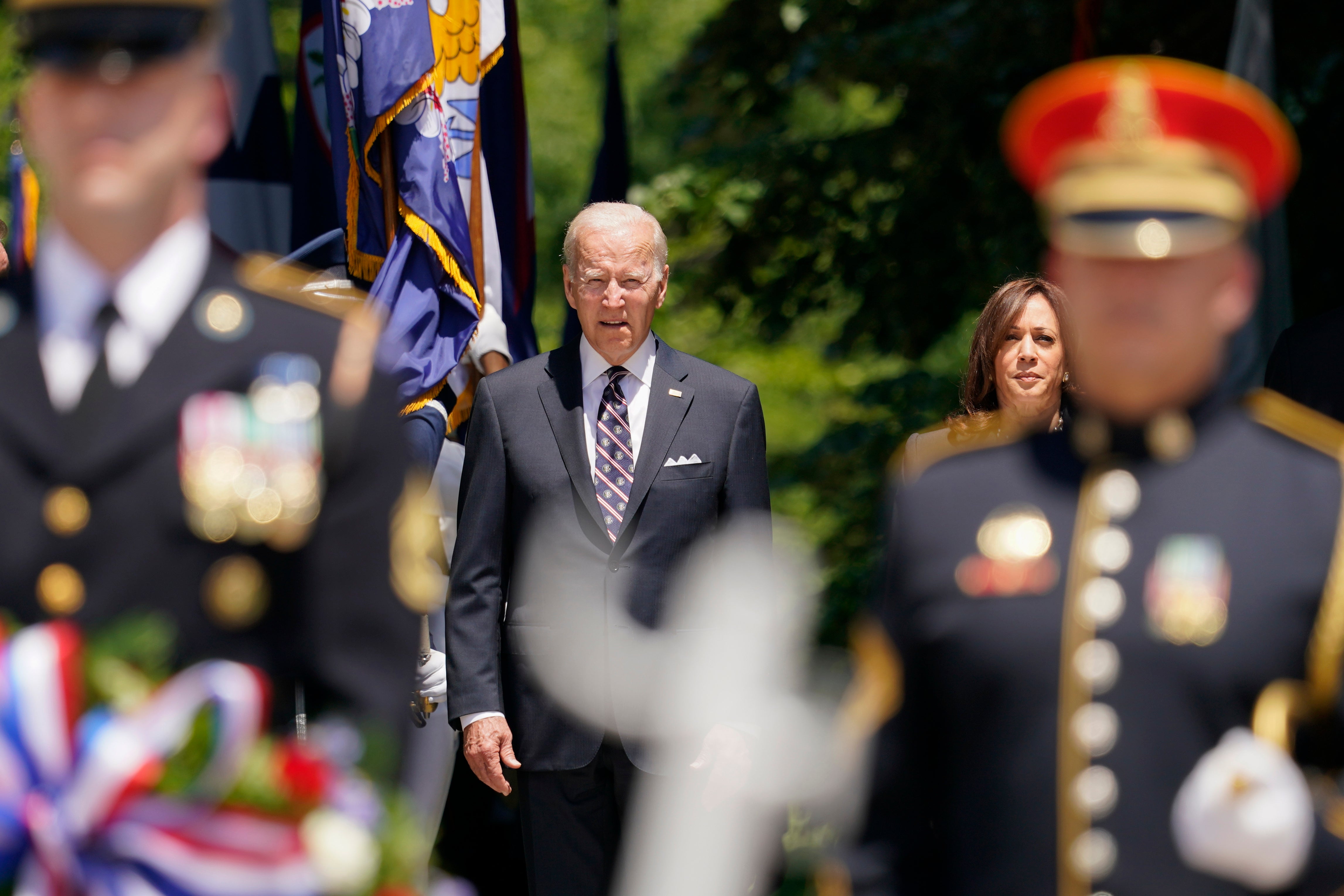 President Joe Biden arrives with Vice President Kamala Harris to lay a wreath at The Tomb of the Unknown Soldier at Arlington National Cemetery on Memorial Day, Monday, May 30, 2022, in Arlington, Va. (AP Photo/Andrew Harnik)