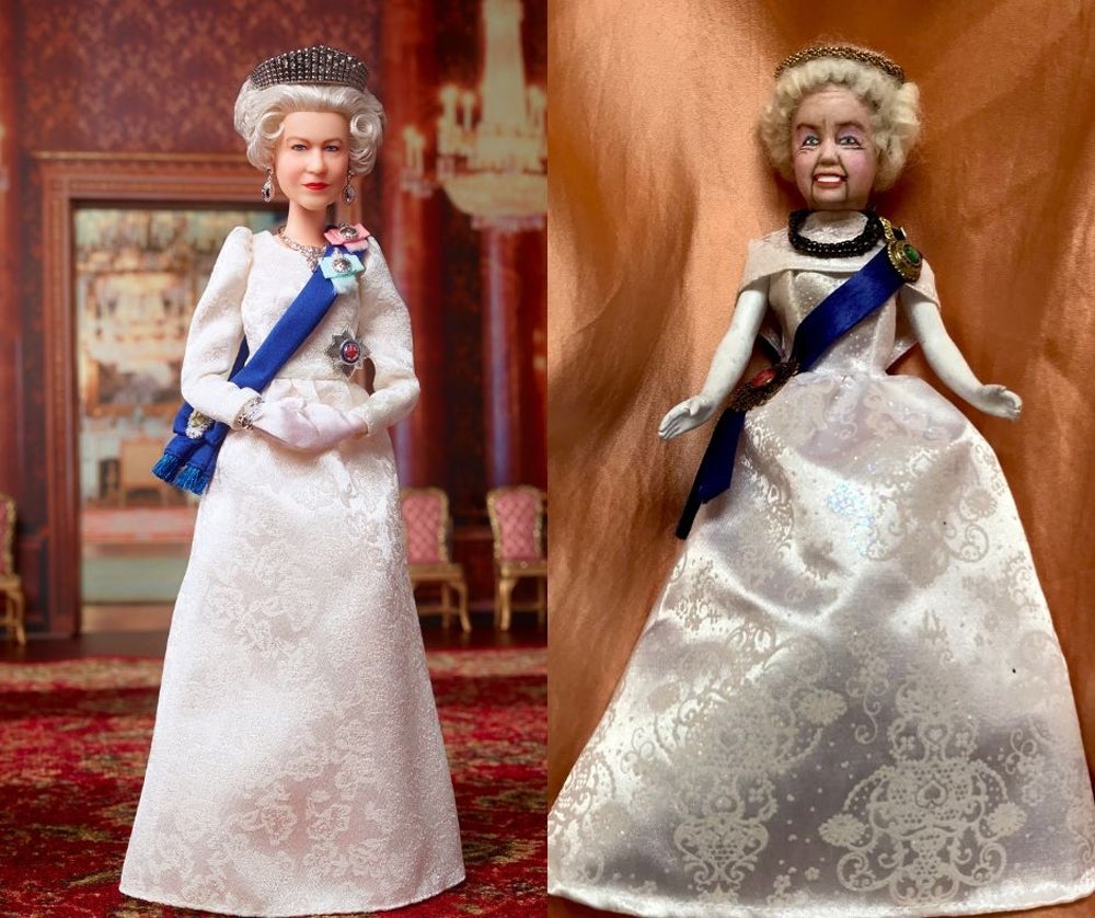 Lou Gray’s version of The Queen Barbie doll alongside the original Barbie of Her Majesty (Mattel 2022/PA Real Life)