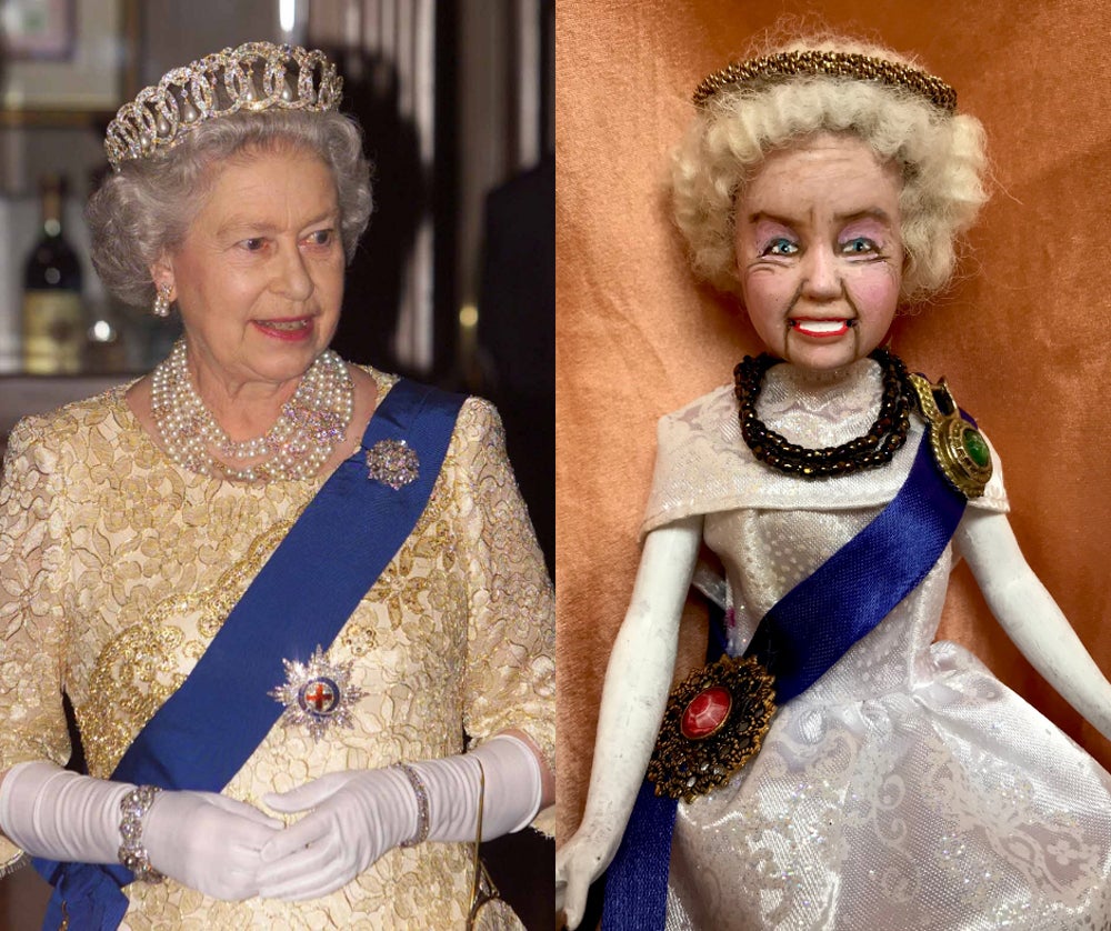 Lou Gray’s version of The Queen Barbie doll next to Her Majesty (PA Images/PA Real Life)