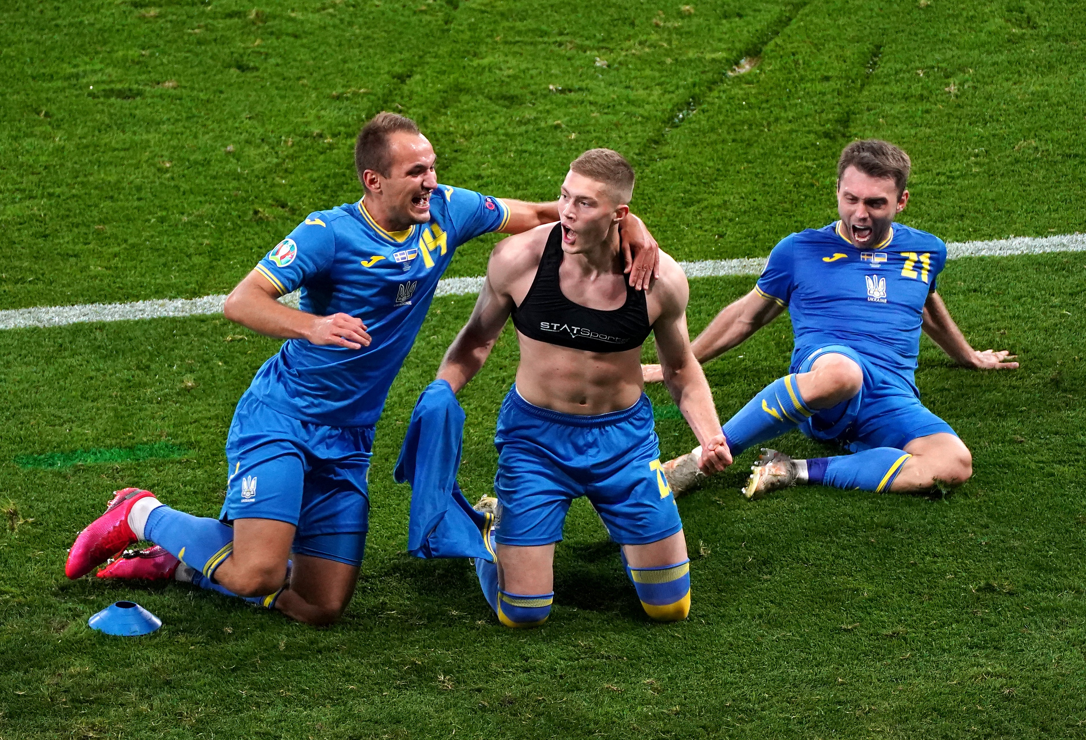 Ukraine celebrate at Hampden at Euro 2020 (Andrew Milligan/PA)