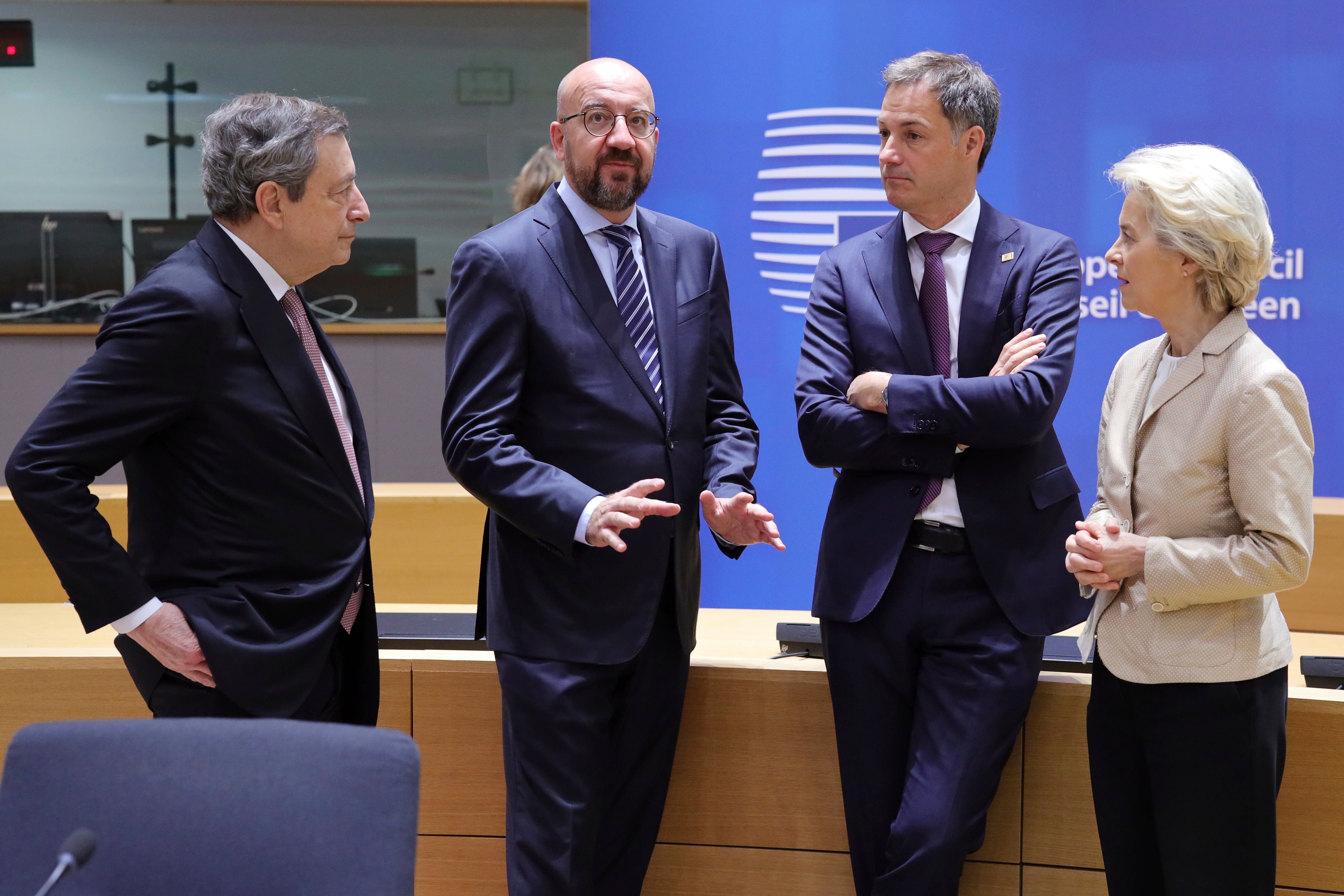 Among those in Brussels on Tuesday for the extraordinary meeting of EU leaders to discuss Ukraine, energy and food security are (from left) Italian premier Mario Draghi, European Council president Charles Michel, Belgium’s prime minister Alexander de Croo, and European Commission president Ursula von der Leyen
