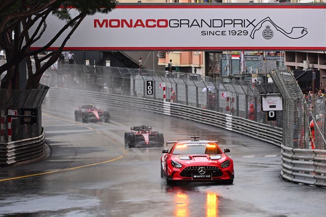 <p>The Monaco Grand Prix eventually got under way behind a safety car </p>