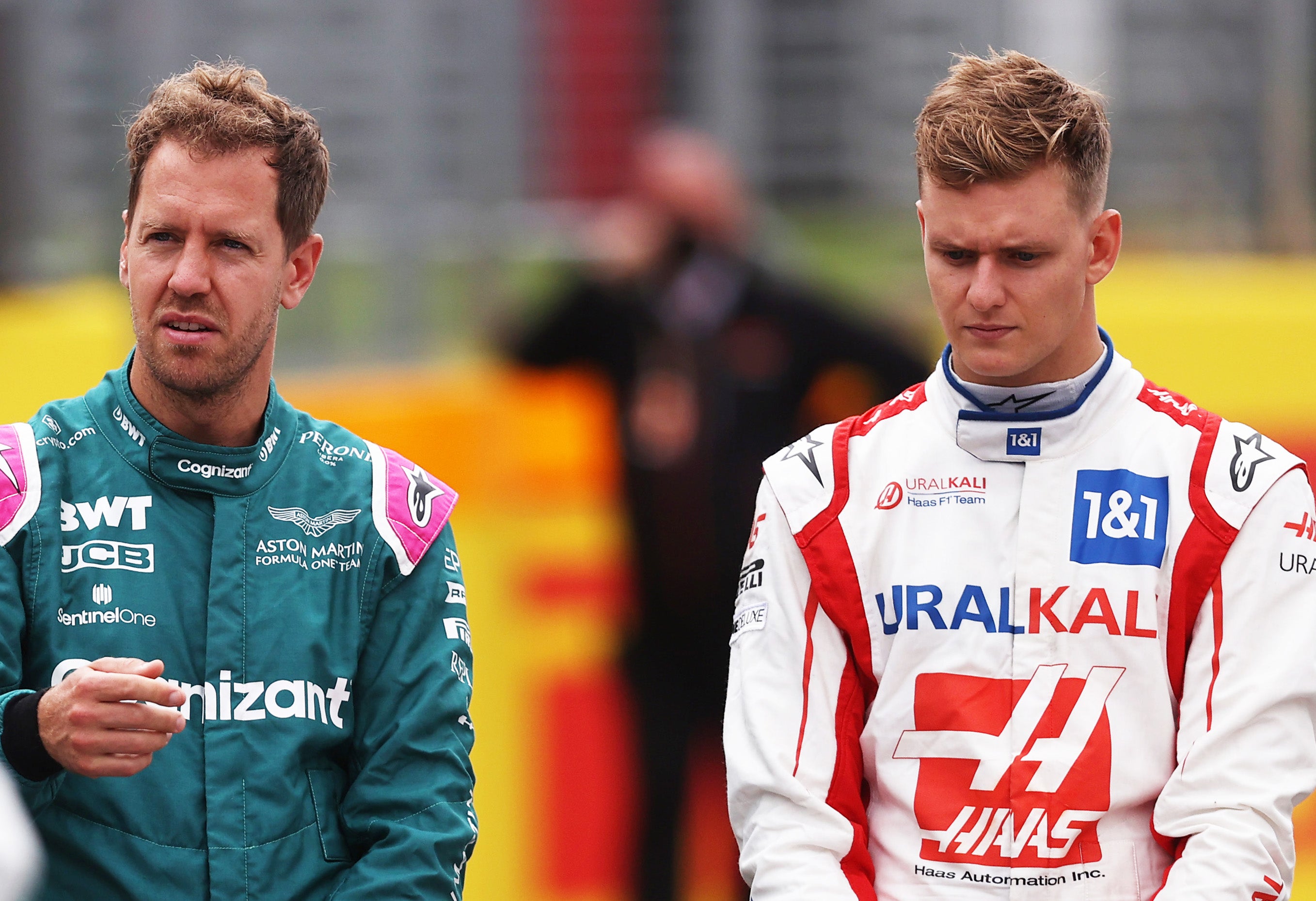 Sebastian Vettel (left) has defended Mick Schumacher and suggested the Haas driver needs to be ‘left alone’