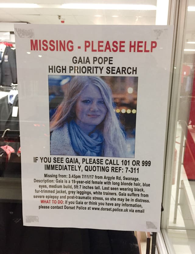 An appeal poster for missing teenager Gaia Pope in a window of Beales Department Stores in Poole, Dorset (PA)
