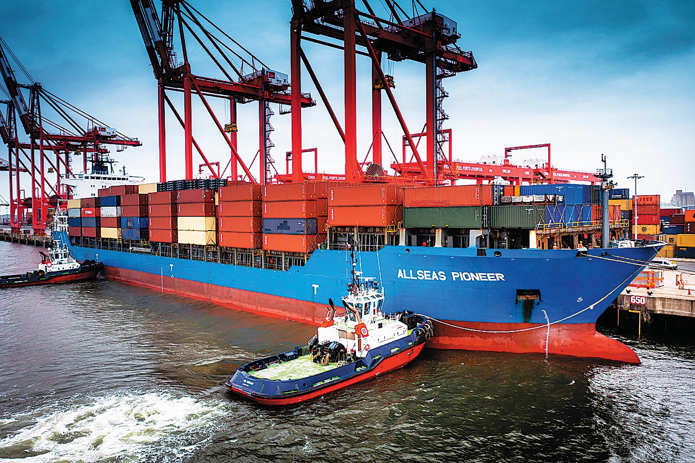 Allseas Pioneer, a container ship carrying 1,631 containers of Chinese goods, at dock in the Port of Liverpool on 6 May 2022