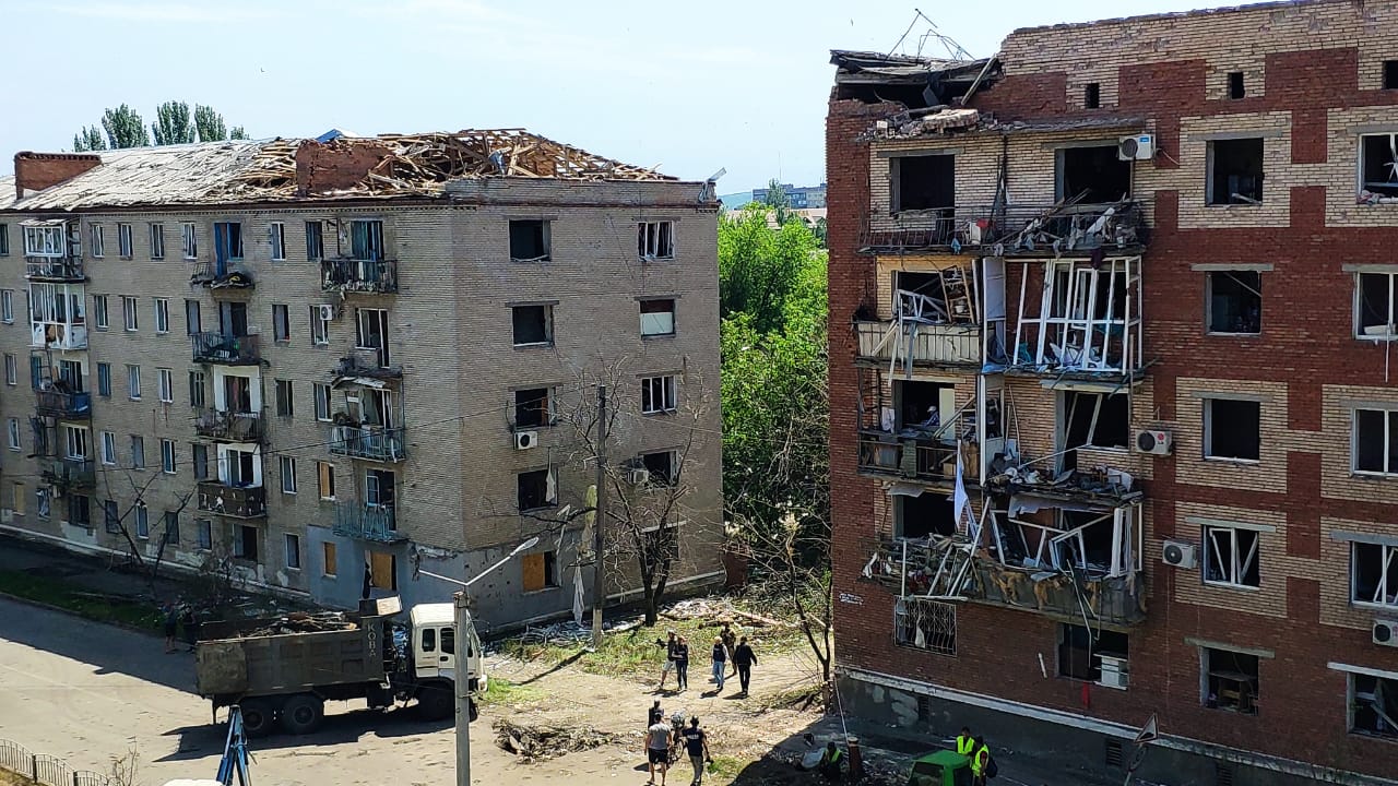 Residential buildings struck by Russian missiles in Slovyansk, in Donbas, eastern Ukraine