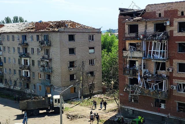 <p>Residential buildings struck by Russian missiles in Slovyansk, in Donbas, eastern Ukraine</p>