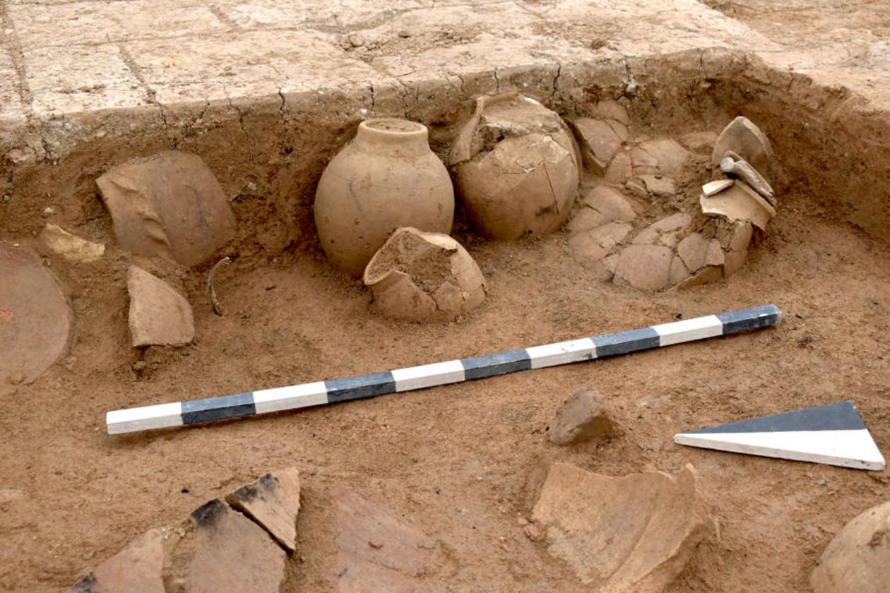 Pots holding cuneiform tablets discovered in the ruins