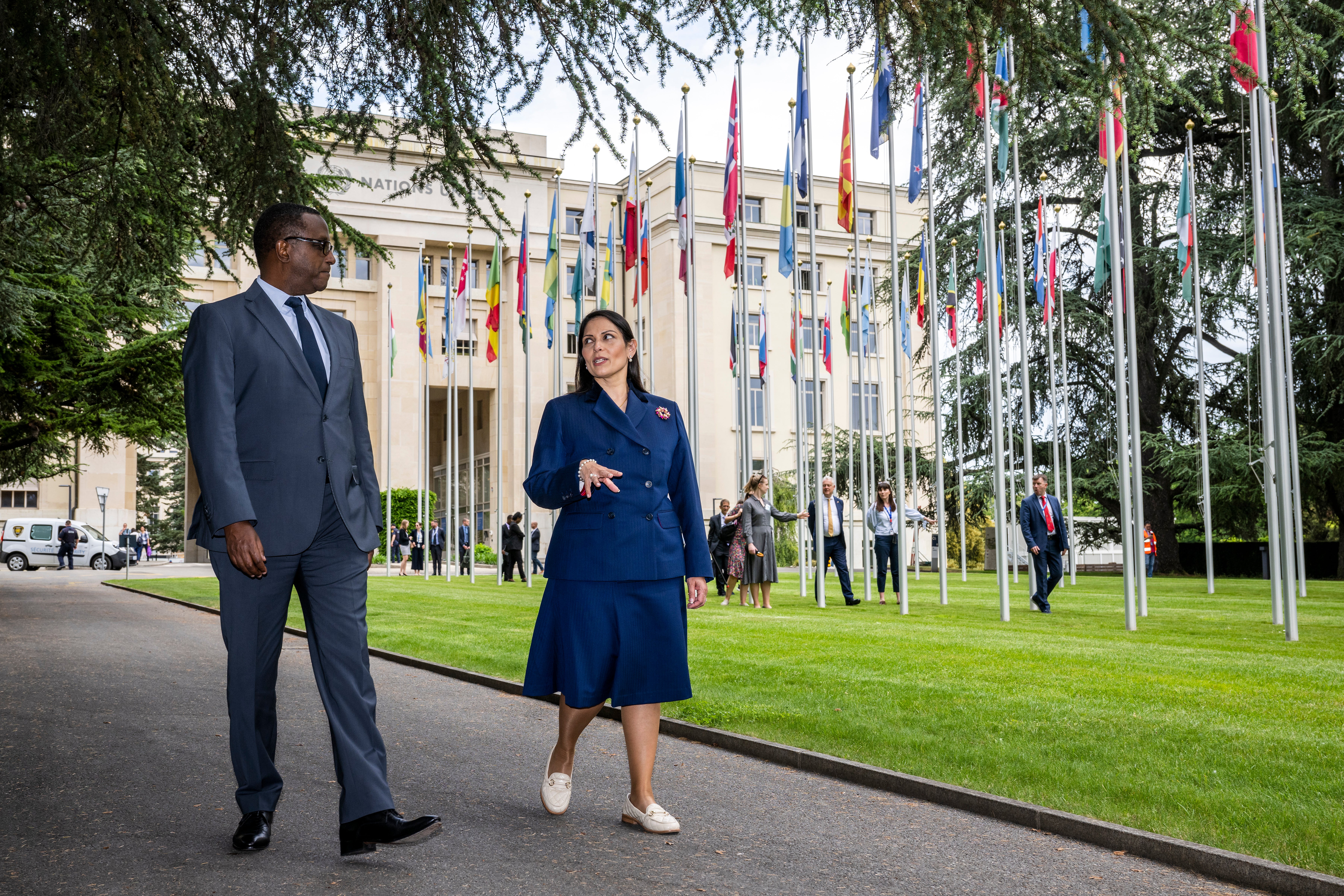 Patel with Rwandan foreign minister Vincent Biruta at the UN building in Geneva on 19 May