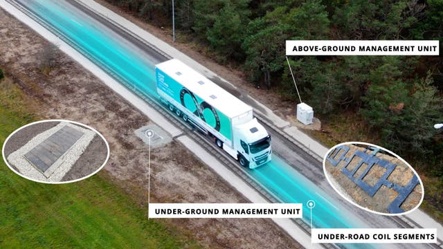 <p>A mockup of a truck using an electric charging road</p>