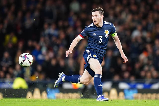 Scotland will be hoping Andy Robertson leads the men’s football team to victory against Ukraine (Jane Barlow/PA)
