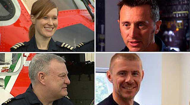 (Ffrom the top left, clockwise) Captain Dara Fitzpatrick, Captain Mark Duffy, winchman Ciaran Smith and winchman Paul Orsmby, the four crew of an Irish Coast Guard helicopter which crashed in 2017 (Irish Coast Guard/PA)