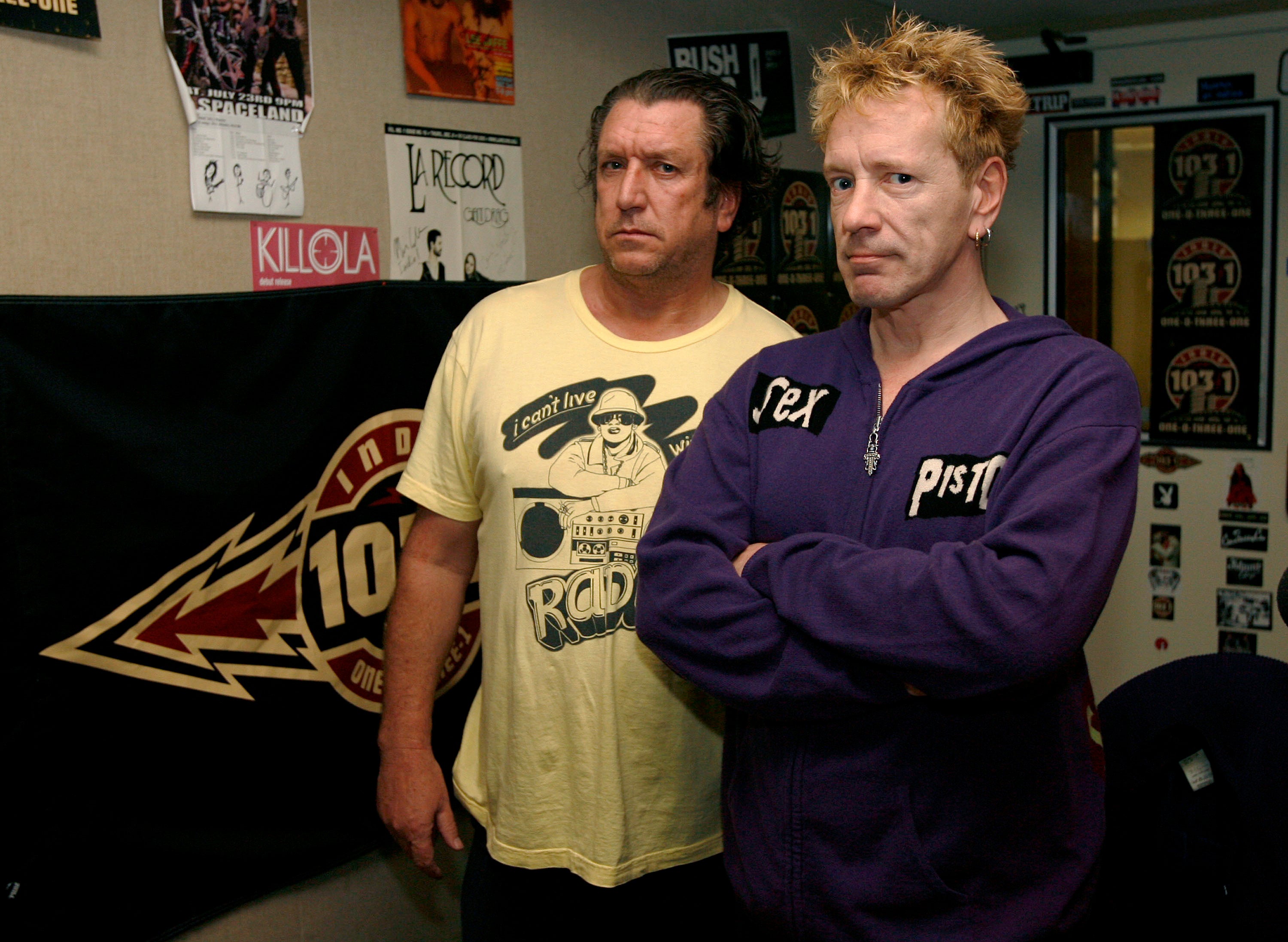 John Lydon, right, formerly known as Johnny Rotten, and Steve Jones, of the Sex Pistols, pose at the Indie 103.1 studio in Los Angeles, Friday, March 10, 2006