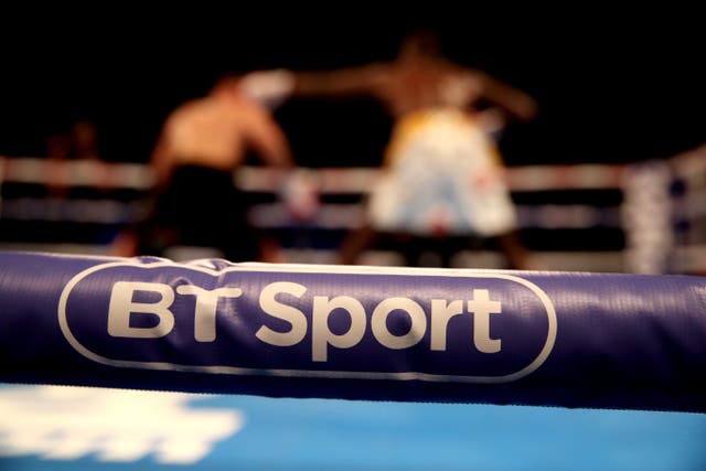 A detail view of BT Sport branding on the ring rope at Leicester Arena (Nick Potts/PA)