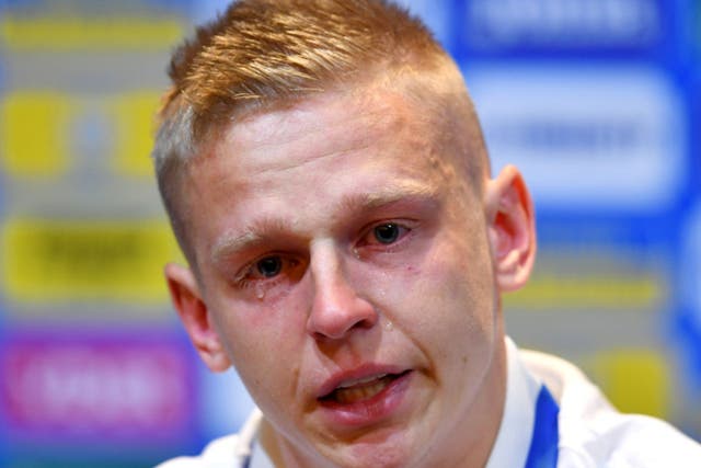 <p>Oleksandr Zinchenko breaks down at an emotional press conference</p>