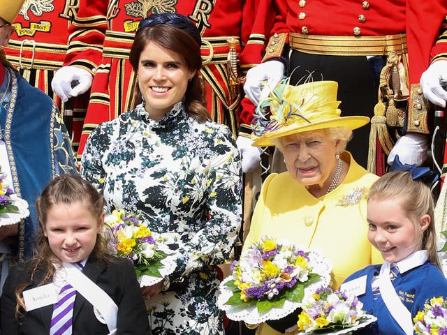 <p>Princess Eugenie of York and Queen Elizabeth II attend the traditional Royal Maundy Service at St George's Chapel on April 18, 2019</p>