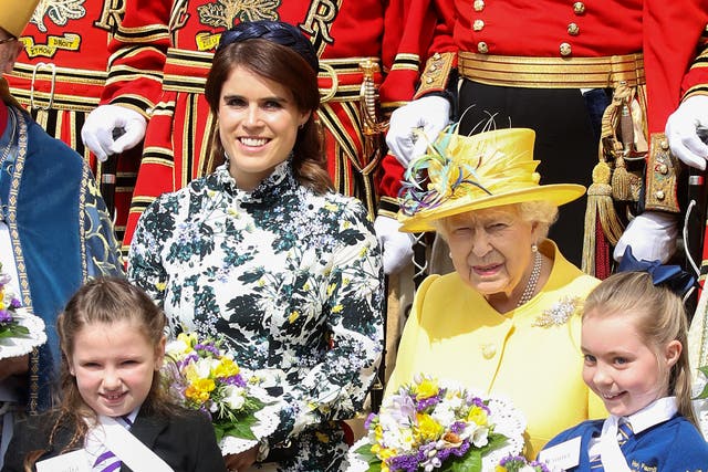 <p>Princess Eugenie of York and Queen Elizabeth II attend the traditional Royal Maundy Service at St George's Chapel on April 18, 2019</p>