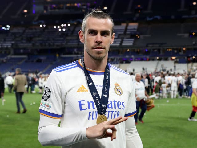 <p>Gareth Bale celebrates Real Madrid’s Champions League win</p>