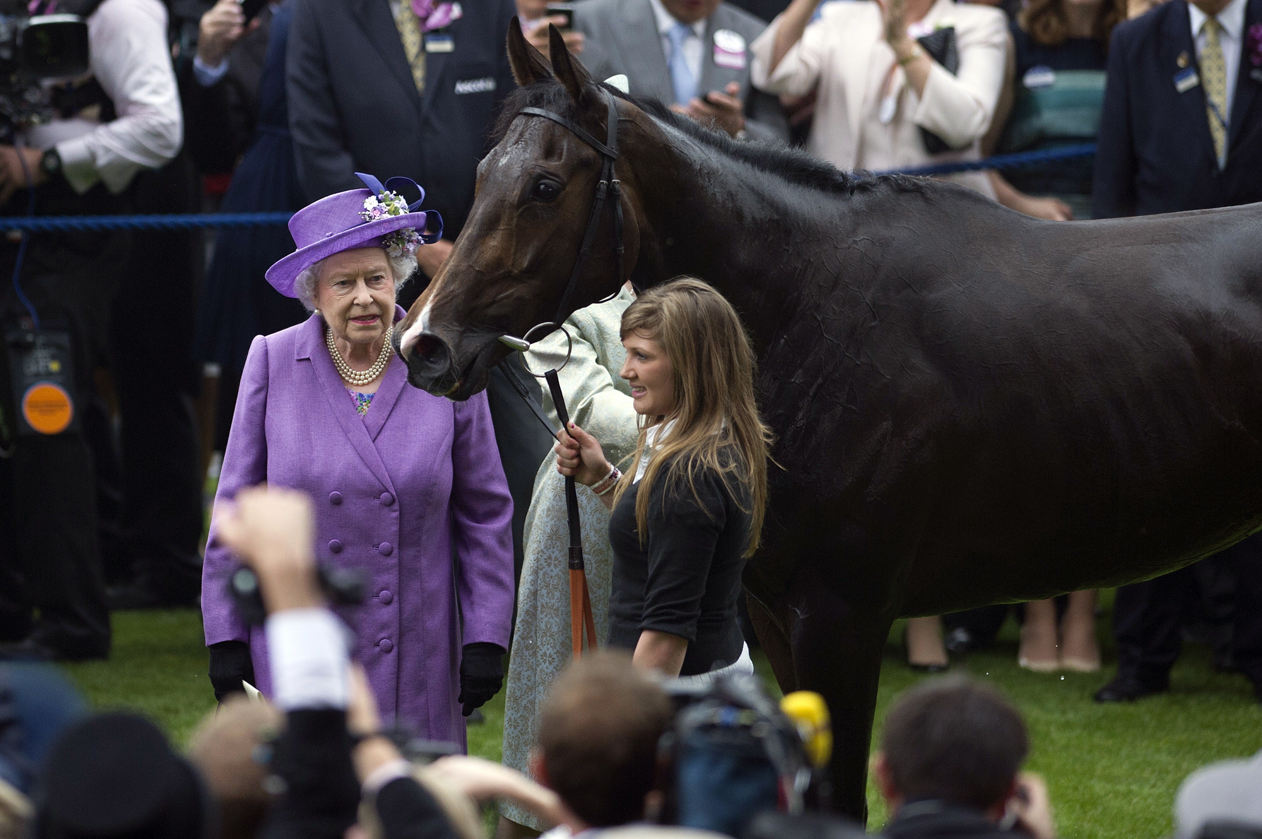 Queen Elizabeth II stands beside her horse Estimate in the winner's enclosure after it won the Gold Cup on the third day of Royal Ascot in June 2013