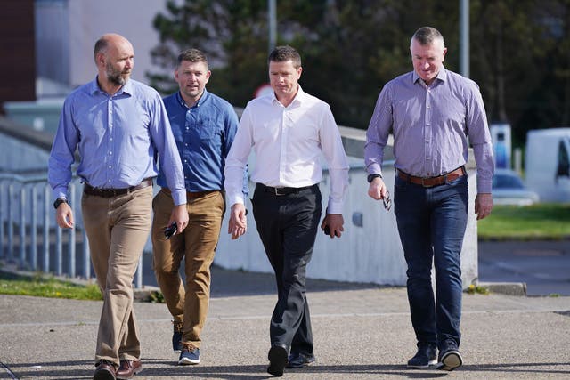 (Left-right) Captain Michael Scott, Engineer Simon Sweeny, Tommy Fitzsimons and winchman Philip Wrenn arriving at the inquest (Niall Carson/PA)