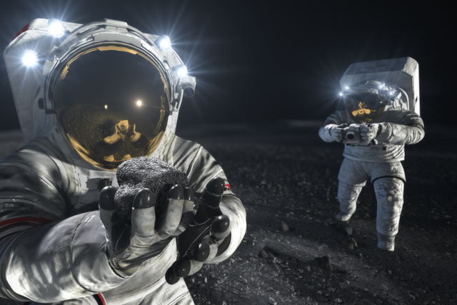 <p>An artists conception of Nasa astronauts using new spacesuits on the Moon</p>