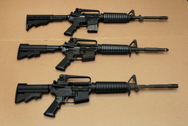 <p>File: Three variations of the AR-15 assault rifle are displayed at the California Department of Justice in Sacramento </p>