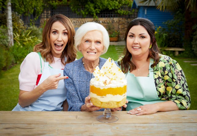 Royalty Dame Mary Berry, Platinum Pudding Competition winner Jemma Melvin and The One Show host Alex Jones (Nicky Johnston/PA)