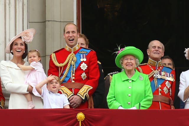 Queen Elizabeth II joining members of the royal family, including the Duke and Duchess of Cambridge with their children Princess Charlotte and Prince George, on the balcony of Buckingham Palace, central London after they attended the Trooping the Colour ceremony in 2016 (Steve Parsons/PA).