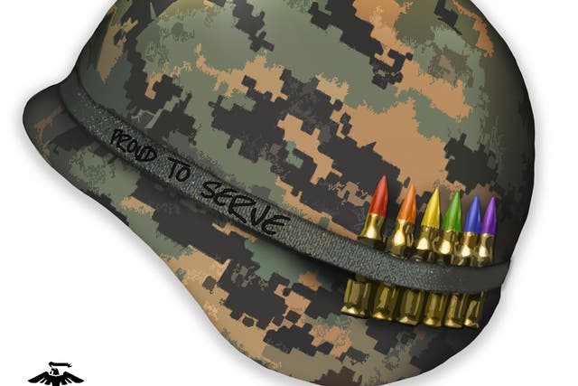 <p>The US Marine Corps’ tweet showed a combat helmet with rainbow bullets</p>