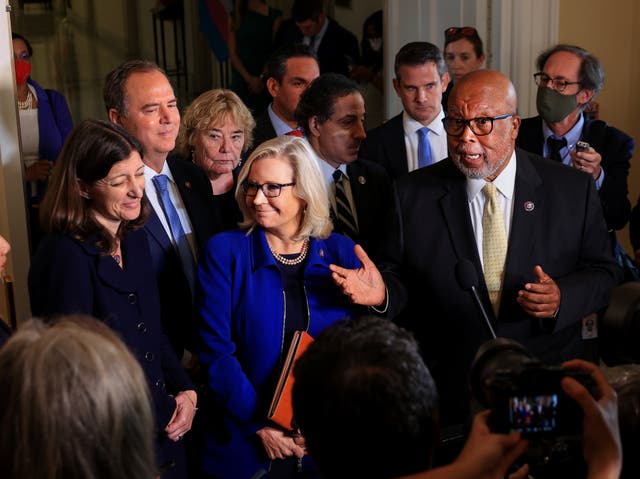 <p>Chairman Rep. Bennie Thompson (D-MS) (R) and Rep. Liz Cheney (R-WY) (C), joined by fellow committee members, speak to the media following a hearing of the House Select Committee investigating the January 6 attack on the US Capitol</p>