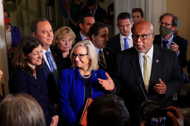 <p>Chairman Rep. Bennie Thompson (D-MS) (R) and Rep. Liz Cheney (R-WY) (C), joined by fellow committee members, speak to the media following a hearing of the House Select Committee investigating the January 6 attack on the US Capitol</p>