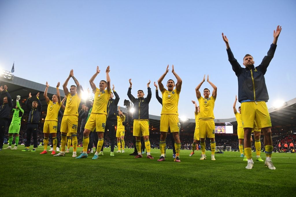 <p>Ukraine’s players celebrate their 3-1 win over Scotland on Wednesday  </p>
