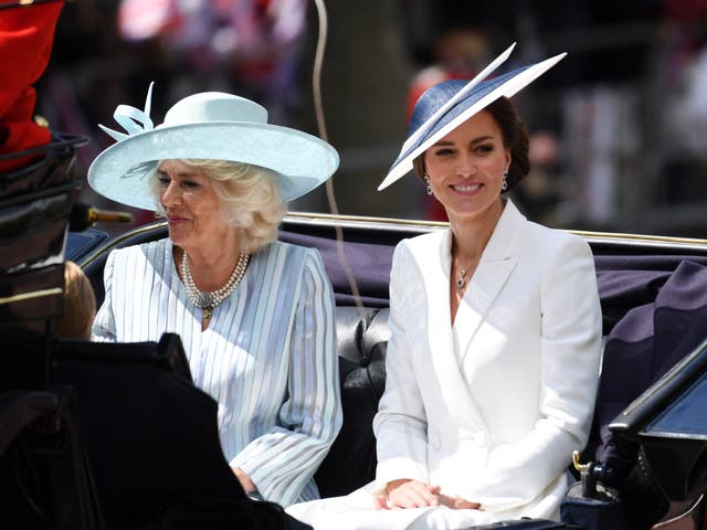 <p>Camilla, Duchess of Cornwall, and Catherine, Duchess of Cambridge during the Trooping the Colour parade</p>