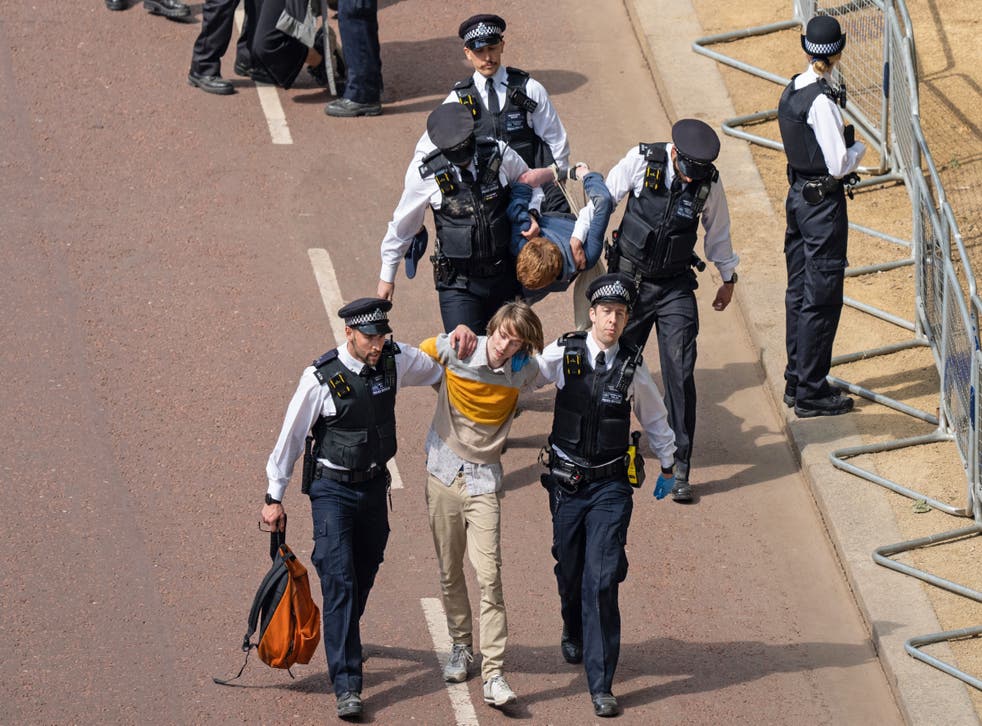 Police officers remove people who ran into the path of the royal procession on The Mall, London (PA)