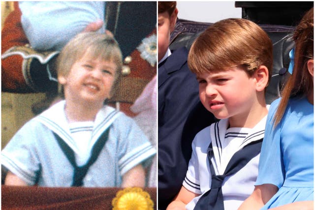 <p>A young Prince William in 1985 (left) and his youngest son, Prince Louis, at the Trooping the Colour 2022 parade</p>
