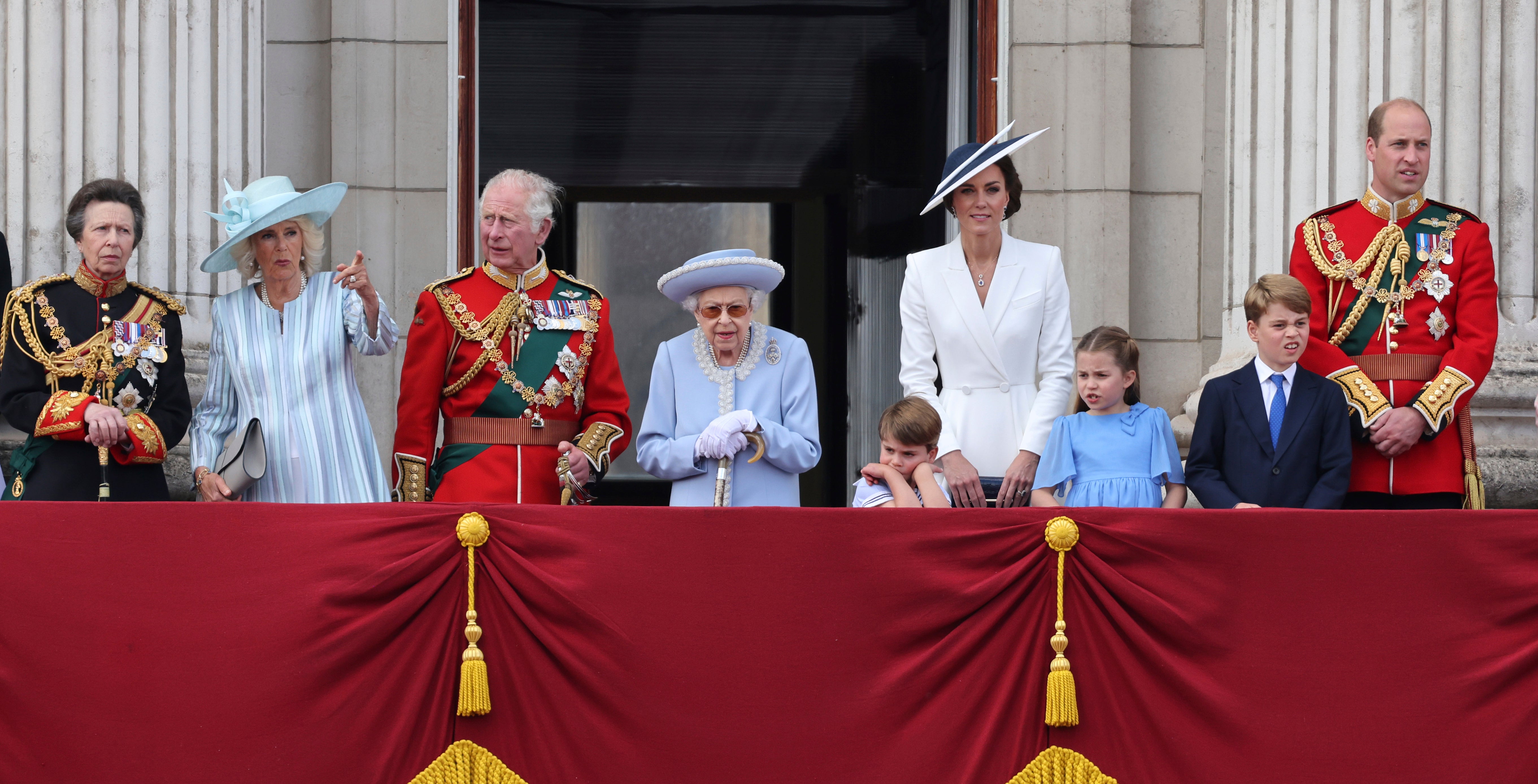 The Queen alongside Princess Anne, Camilla, Charles, , Louis, Kate, Charlotte, Louis and William watch the Trooping of the Color in London