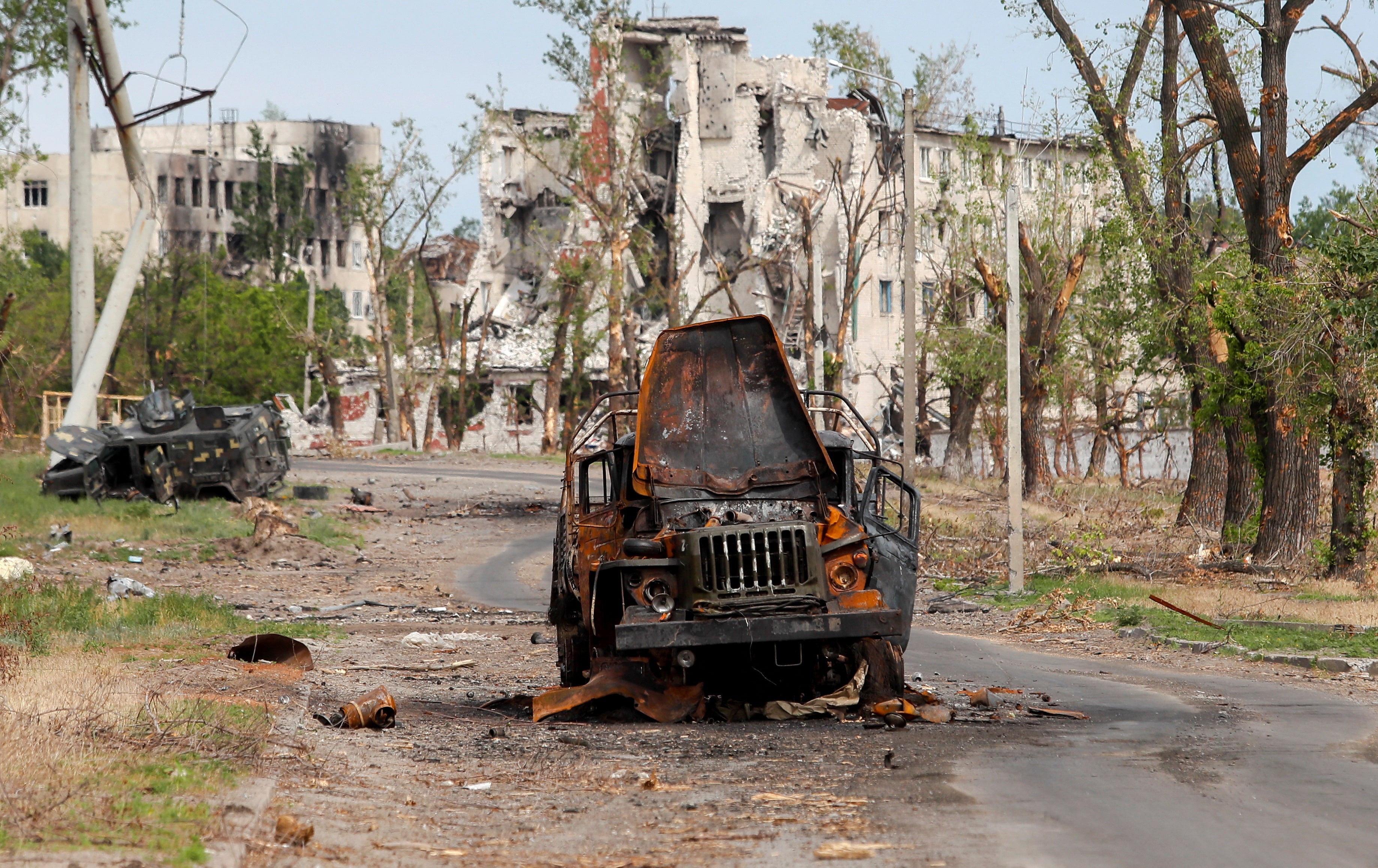 Military vehicles destroyed in the town of Rubizhne, in the Luhansk region