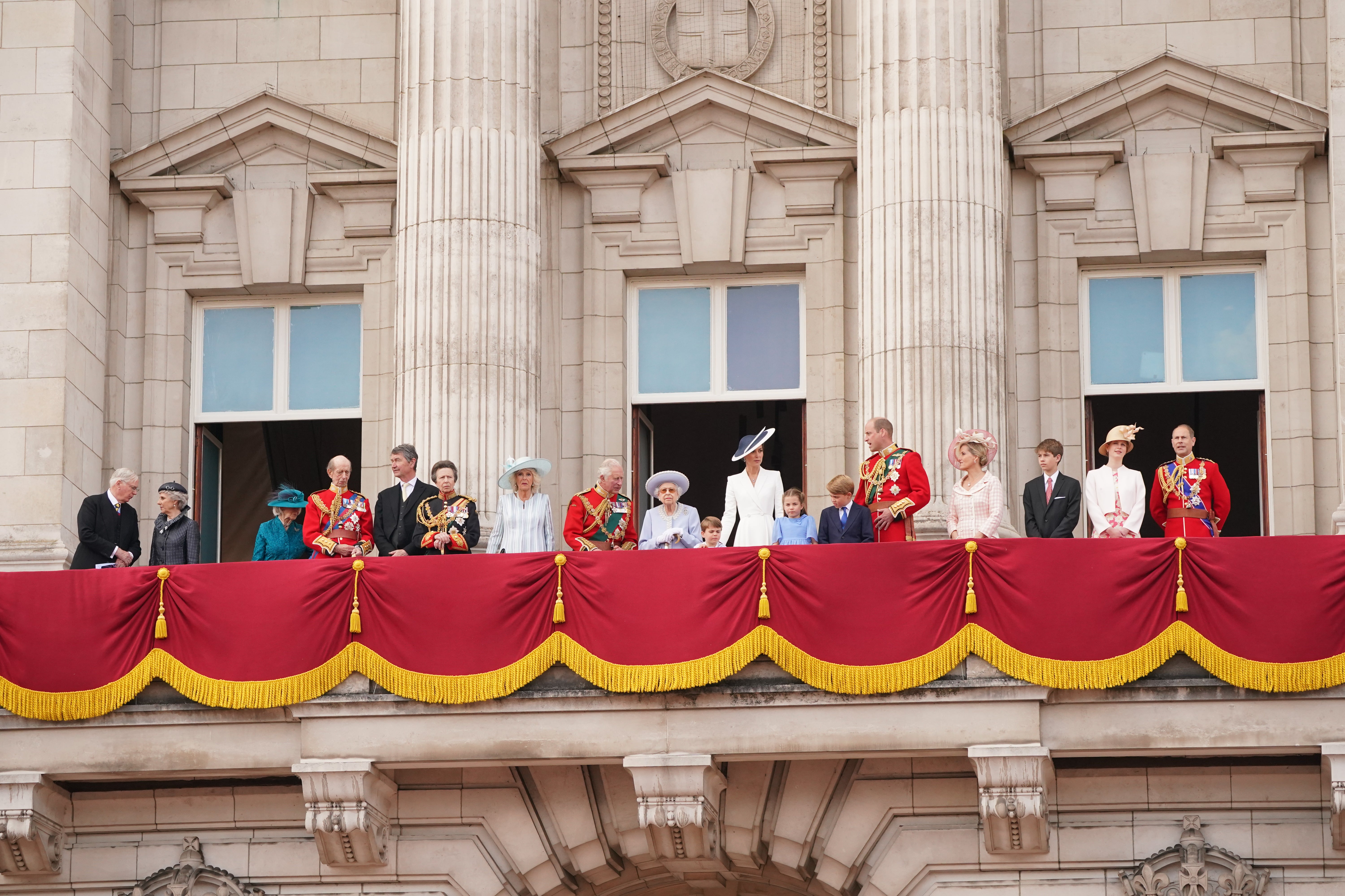 The Duke of Gloucester, Duchess of Gloucester, Princess Alexandra, Duke of Kent, Vice Admiral Sir Tim Laurence , the Princess Royal, the Duchess of Cornwall, the Prince of Wales , Queen Elizabeth II, the Duchess of Cambridge, Princess Charlotte, Prince Louis, Prince George, the Duke of Cambridge, the Countess of Wessex, James Viscount Severn, Lady Louise Windsor, and the Earl of Wessex on the balcony of Buckingham Palace (Jonathan Brady/PA)