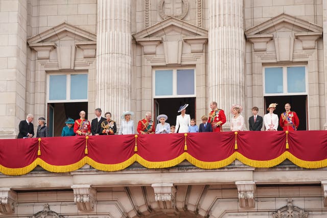 The Duke of Gloucester, Duchess of Gloucester, Princess Alexandra, Duke of Kent, Vice Admiral Sir Tim Laurence , the Princess Royal, the Duchess of Cornwall, the Prince of Wales , Queen Elizabeth II, the Duchess of Cambridge, Princess Charlotte, Prince Louis, Prince George, the Duke of Cambridge, the Countess of Wessex, James Viscount Severn, Lady Louise Windsor, and the Earl of Wessex on the balcony of Buckingham Palace (Jonathan Brady/PA)