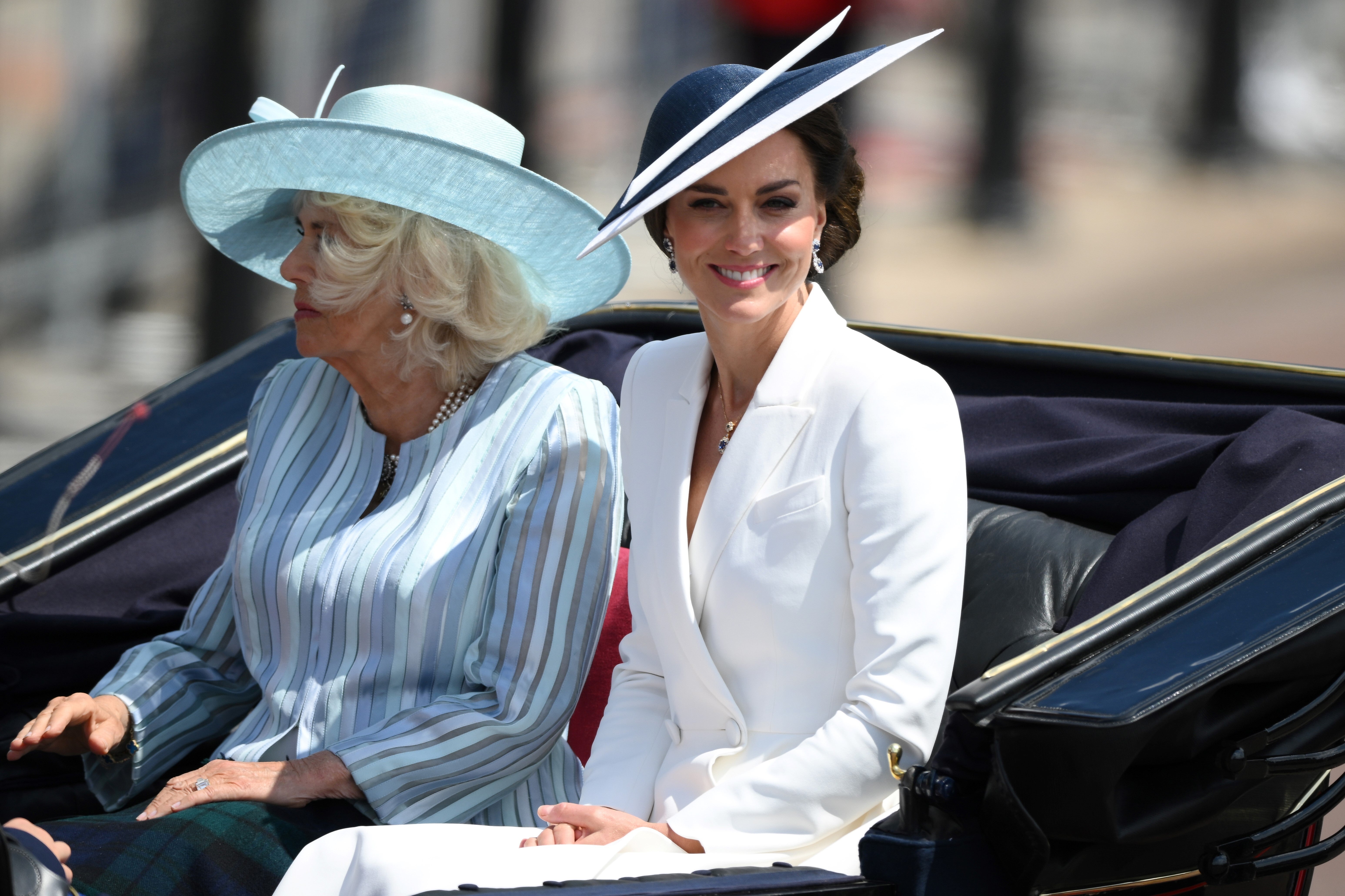 The Duchess of Cornwall and the Duchess of Cambridge during the Trooping the Colour ceremony at Horse Guards Parade, central London, as the Queen celebrates her official birthday, on day one of the Platinum Jubilee celebrations (Adrian Dennis/PA)